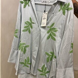 Zara Blue Blazer with Green Leaf Design